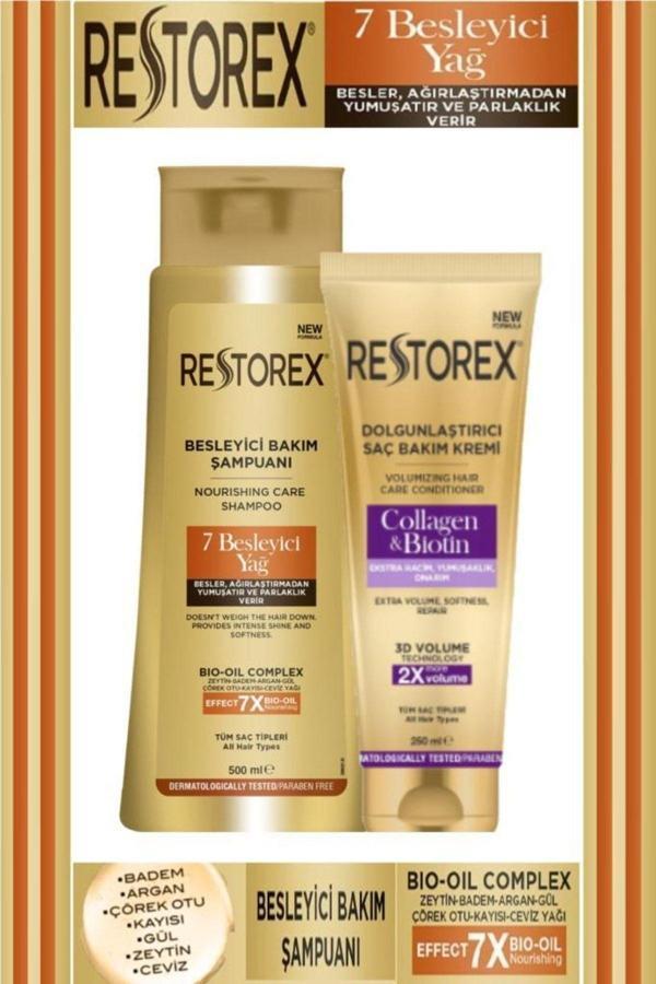 Restorex Besleyici Bakım Şampuanı 500 Ml+Collagen&Biotin Saç Bakım Kremi 250 Ml - Image 1