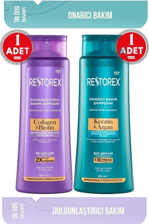 Restorex Keratin & Argan Şampuan 500 Ml + Collagen&Biotin Dolgunlaştırıcı Şampuan 500 Ml - Image 1