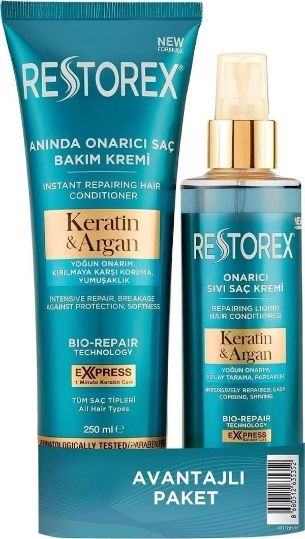 Restorex Keratin & Argan Onarıcı Saç Bakım Kremi 250 Ml + Sıvı Saç Bakım Kremi 200 Ml - Image 1