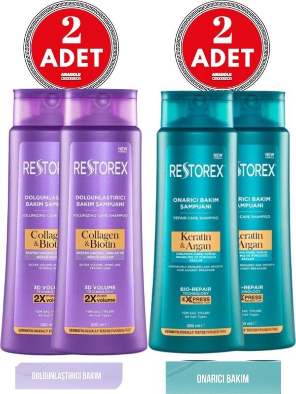 Restorex Keratin&Argan Şampuan 500 Ml 2 Adet+ Collagen&Biotin Dolgunlaştırıcı Şampuan 500 Ml 2 Adet - Image 1