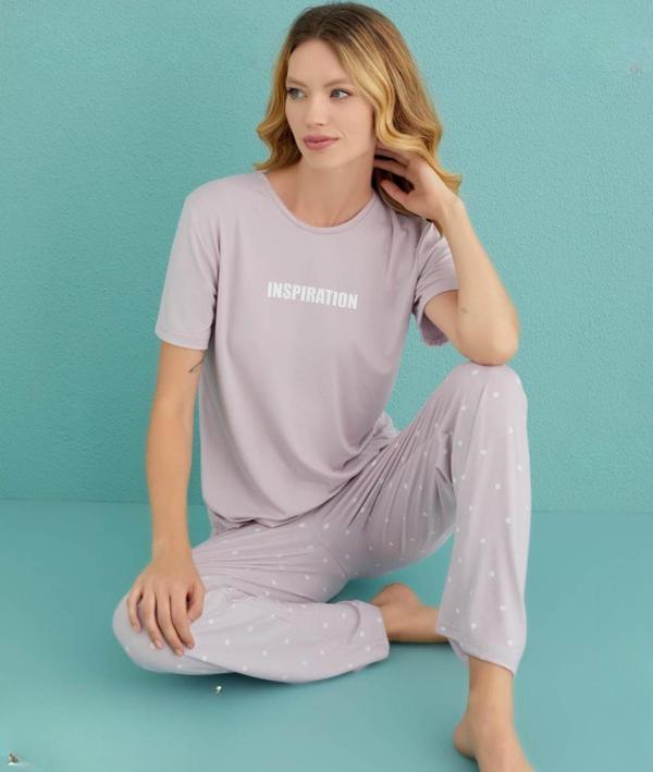 Mihra Kadın Bisiklet Yaka MİLAN Likralı Kısa Kol Pijama Takımı 50107/91- 1 Adet - Image 1