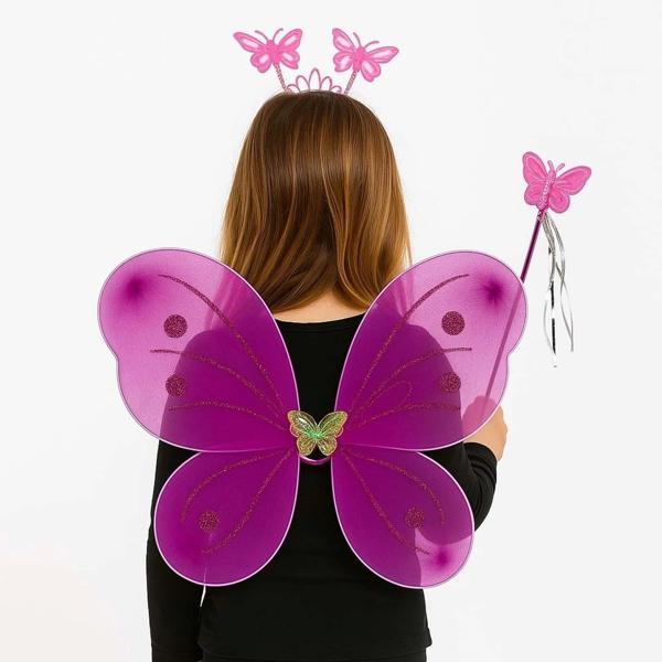 Fuşya Kelebek Kız Seti – 50 Cm Kelebek Kanadı, Taç Ve Asa - Image 1