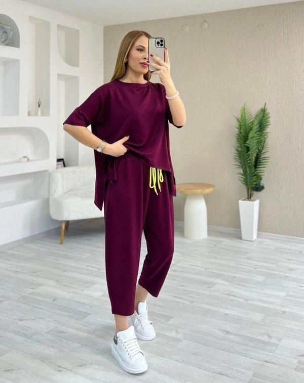 Kadın Kısa Kollu Bisiklet Yaka Viskon Iki Iplik Bluz Ve Pantolon Ikili Takım - Image 1