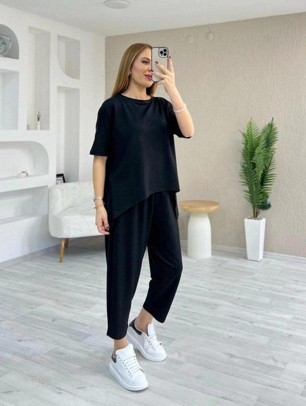 Kadın Kısa Kollu Bisiklet Yaka Viskon Iki Iplik Bluz Ve Pantolon Ikili Takım - Image 1
