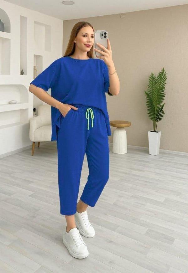 Kadın Kısa Kollu Bisiklet Yaka Viskon Iki Iplik Bluz Ve Pantolon Ikili Takım - Image 1
