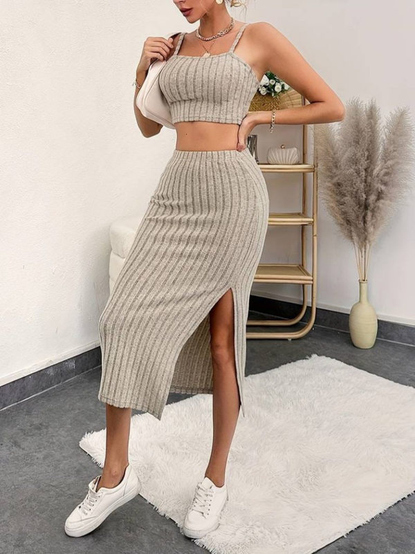 Kadın Kolsuz Askılı Crop Yırtmaçlı Midi Etek Fitilli Kaşkorse Takım - Image 1