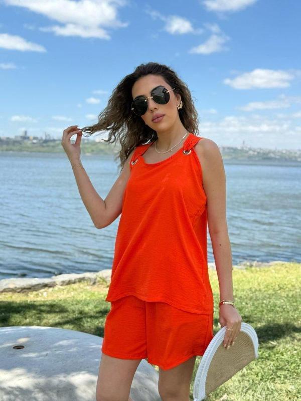 Kadın Kolsuz V Yaka Kuş Gözü Detay Bluz Short Aerobin Ikili Takım - Image 1