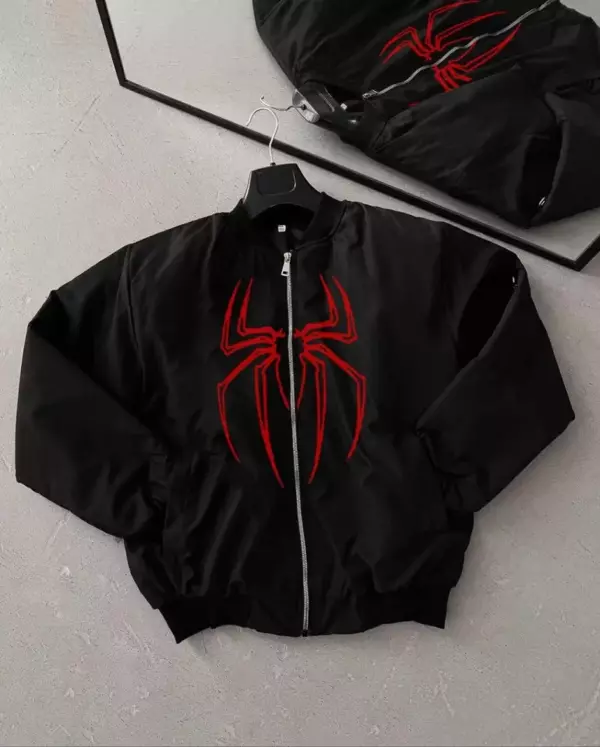 Unisex Uzun Kol Örümcek Baskılı Bomber Ceket - Siyah - Image 1