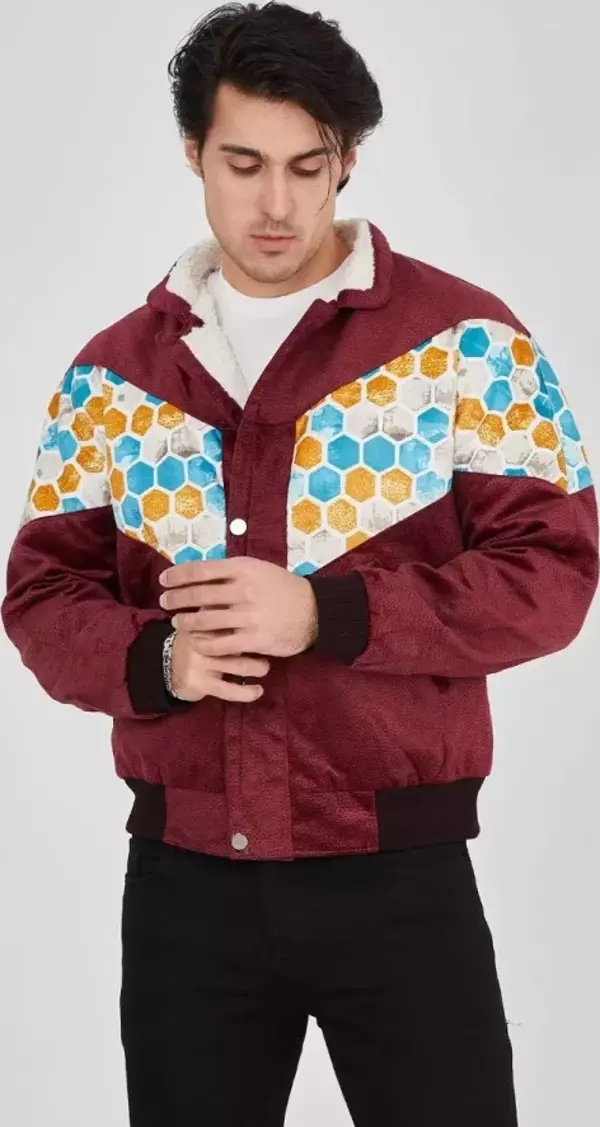 Erkek İçi Astarlı İçten Yaka Kısmı Peluşlu Beyaz Şeritli Vintage Ceket - Mürdüm - Image 1