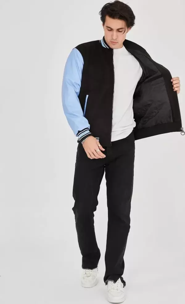 Erkek İçten Elyaf Ve Astarlı Kolları Suni Deri Ceket - Mavi - Image 1