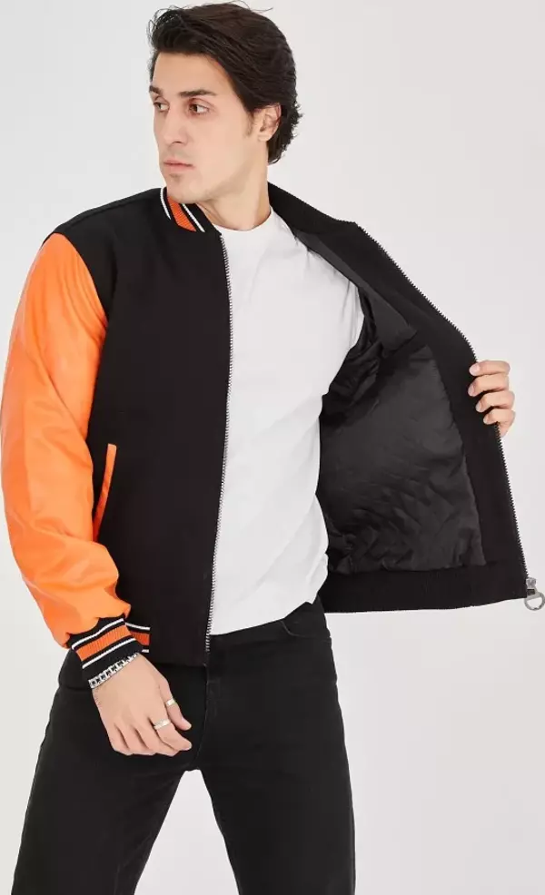 Erkek İçten Elyaf Ve Astarlı Kolları Suni Deri Ceket - Turuncu - Image 1