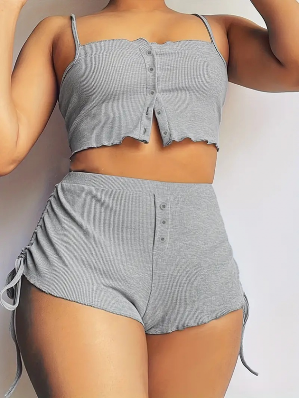 Kadın Ip Askılı Crop Bluz Ve Yanlardan Büzgülü Ikili Kaşkorse Short Takım - Image 1