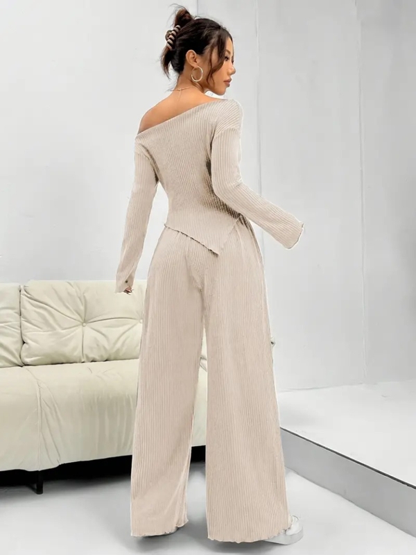 Kadın Uzun Kollu Omuzlardan Açık Asimetrik Kesim Kaşkorse Bluz Ve Pantolon Ikili Pantolon - Image 1