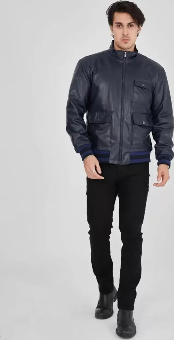 Erkek Fermuarlı İçten Elyaf Ve Astarlı Suni Deri Ceket - Lacivert - Image 1