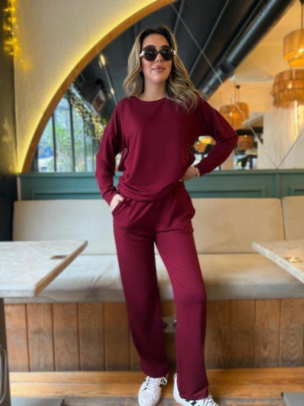 Kadın Uzun Kollu Bisiklet Yaka Viskon Iki Iplik Bluz Ve Pantolon Ikili Takım - Image 1