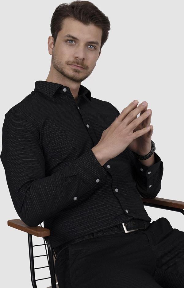 Siyah Nokta Desenli Slimfit Erkek Gömlek - Image 1