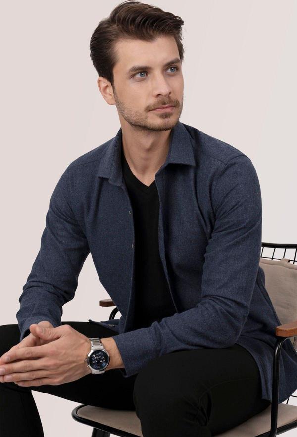 Lacivert Düz Slimfit Oduncu Erkek Gömlek - Image 1