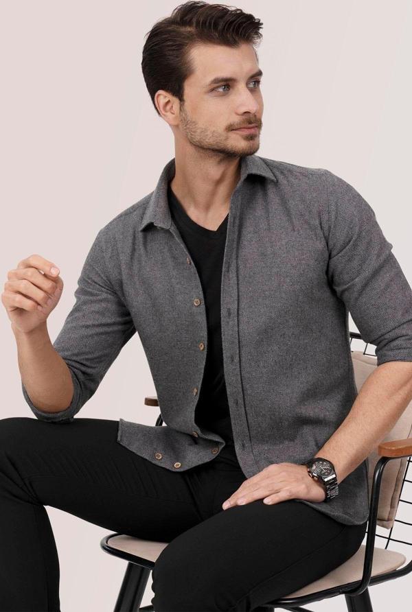 Füme Düz Slimfit Oduncu Erkek Gömlek - Image 1