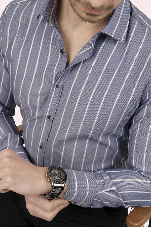 Gri Beyaz Çizgili Slimfit Erkek Gömlek - Image 1