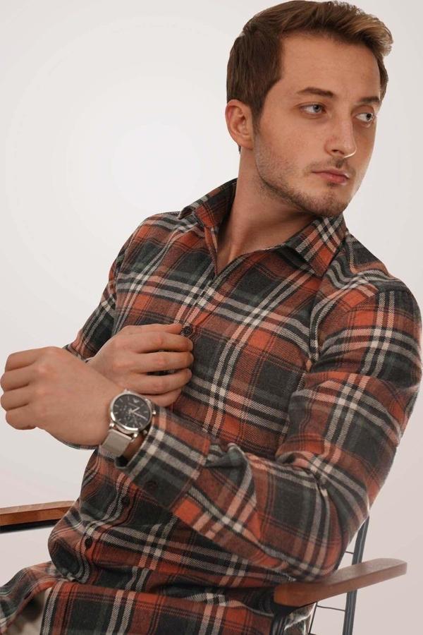 Kiremit Rengi Desenli Oduncu Erkek Gömlek - Image 1