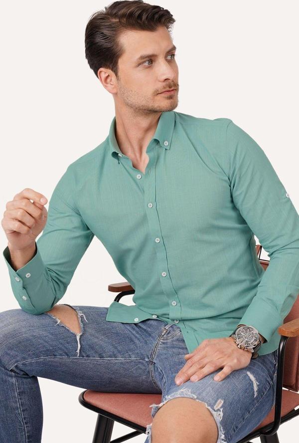Mint Yaka Düğmeli Keten Slimfit Erkek Gömlek - Image 1