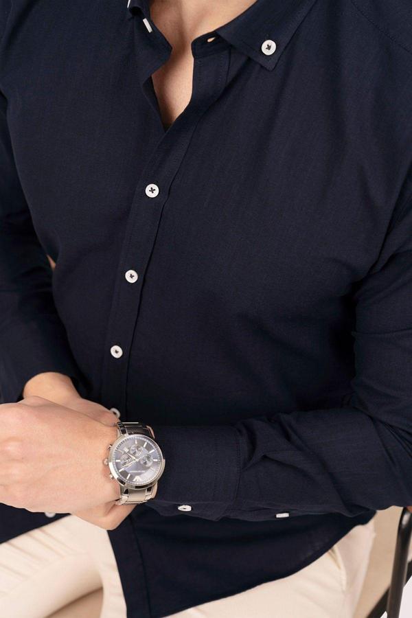 Lacivert Yaka Düğmeli Keten Slimfit Erkek Gömlek - Image 1