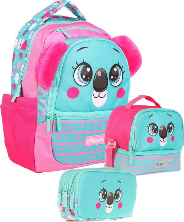Kaukko Kids Kız Çocuk Üçlü İlkokul 1.2.3.4. Sınıf Okul Çanta Seti - Sevimli Koala Şekilli - Yeşil Kırmızı - Image 1