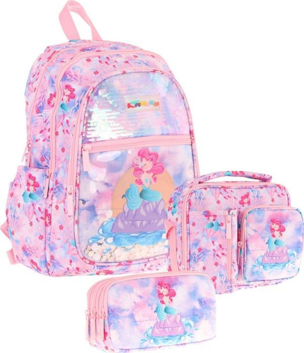 Kaukko Kids Kız Çocuk - Pembe Mavi Pullu Denizkızı Desenli - Okul Çanta Seti (Sırt Çantası+Beslenme Çantası+Kalemlik) - Image 1