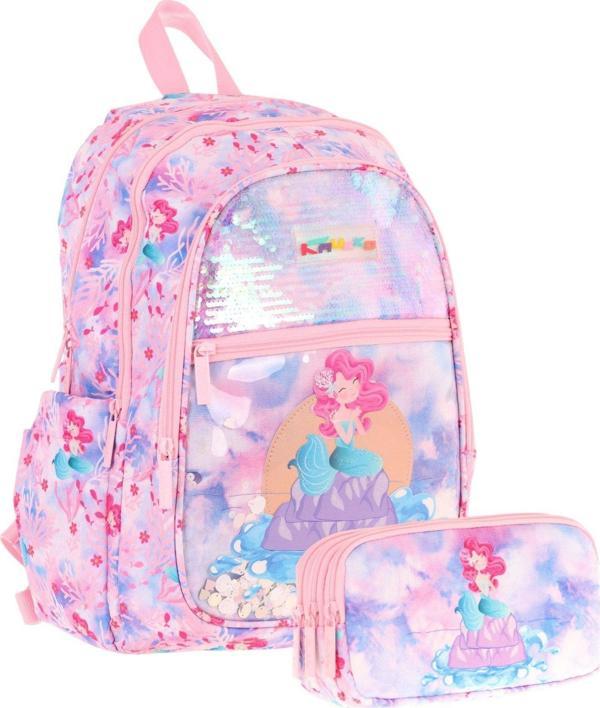 Kaukko Kids Kız Çocuk Okul Çantası ve Üç Bölmeli Kalemlik Seti (Pembe Mavi - Pullu Denizkızı) - (L5217+L8217) - Image 1