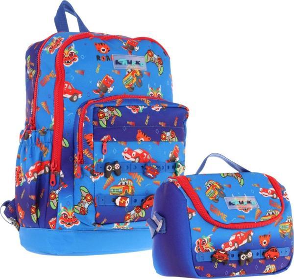 Kaukko Kids Dört Bölmeli Sırt Çantası ve Isı Yalıtımlı Beslenme Çantası Seti - Erkek Çocuk - Mavi Kırmızı - Image 1