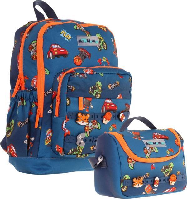 Kaukko Kids Dört Bölmeli Sırt Çantası ve Isı Yalıtımlı Beslenme Çantası Seti - Erkek Çocuk - Lacivert Turuncu - Image 1