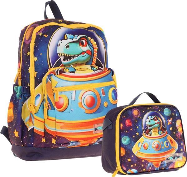 Kaukko Astronot Dinazor Baskılı Erkek Çocuk Okul Çantası ve Thermo Beslenme Çantası Seti - Mavi Sarı (L5273+L7273) - Image 1