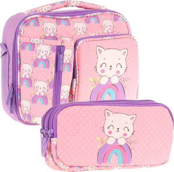 Kaukko Kids Kız Çocuk Somon Mor Kedi Desenli Üç Bölmeli Thermo Beslenme Çantası ve Kalemlik Seti (L7241+L8241) - Image 1