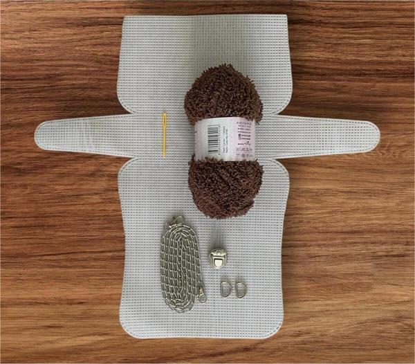 Serpil Düğme Plastik Kanvas Çanta Seti Büyük Boy - Anakuzusu Kahverengi İpli - Image 1