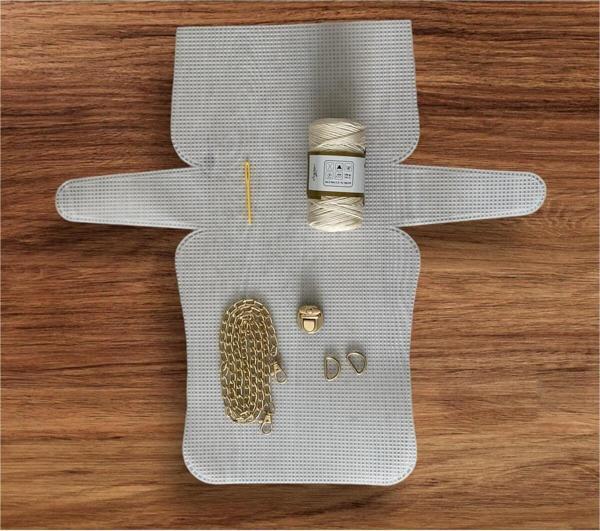 Serpil Düğme Plastik Kanvas Çanta Seti Büyük Boy - Makrome Krem İpli - Image 1