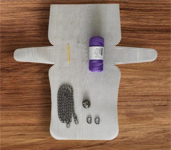 Serpil Düğme Plastik Kanvas Çanta Seti Büyük Boy - Makrome Mor İpli - Image 1