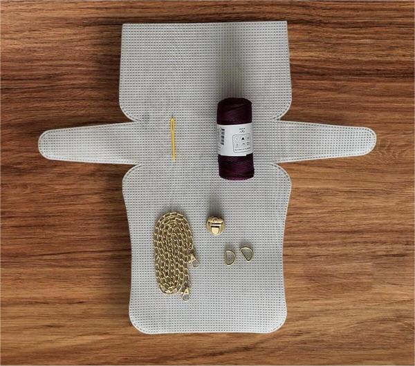 Serpil Düğme Plastik Kanvas Çanta Seti Büyük Boy - Makrome Koyu Mor İpli - Image 1