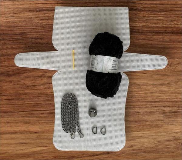 Serpil Düğme Plastik Kanvas Çanta Seti Büyük Boy - Polar Siyah İpli - Image 1