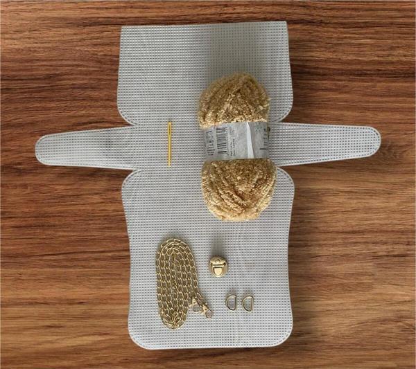 Serpil Düğme Plastik Kanvas Çanta Seti Büyük Boy - Anakuzusu İp Deve Tüyü - Image 1