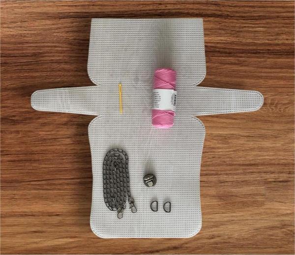 Serpil Düğme Plastik Kanvas Çanta Seti Büyük Boy - Makrome Pembe İpli - Image 1