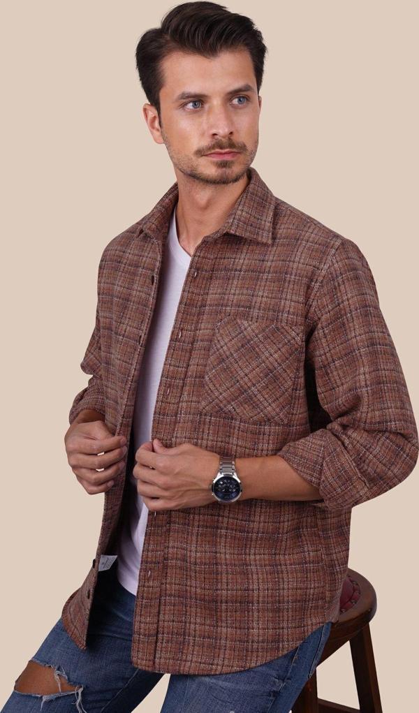 Kiremit Hasır Desenli Oversize Oduncu Erkek Gömlek - Image 1