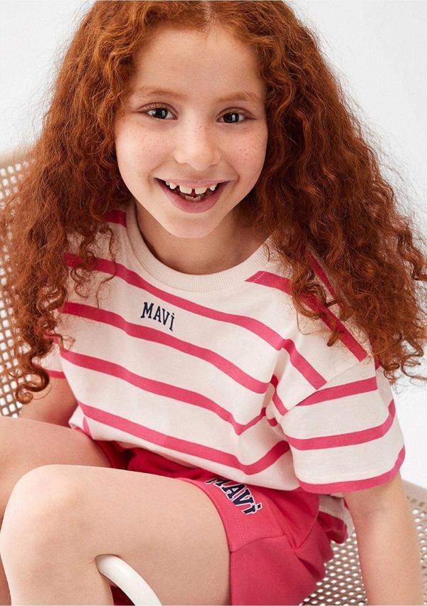 Mavi Logo Baskılı Pembe Çizgili Crop Tişört Loose Fit / Bol Rahat Kesim 7610182-71111 - Image 1