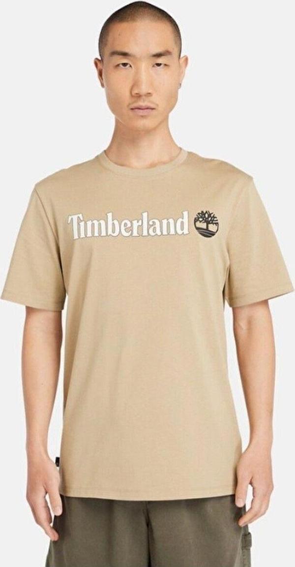 Timberland Linear Logo Erkek Bej Yuvarlak Yaka Tişört - Image 1