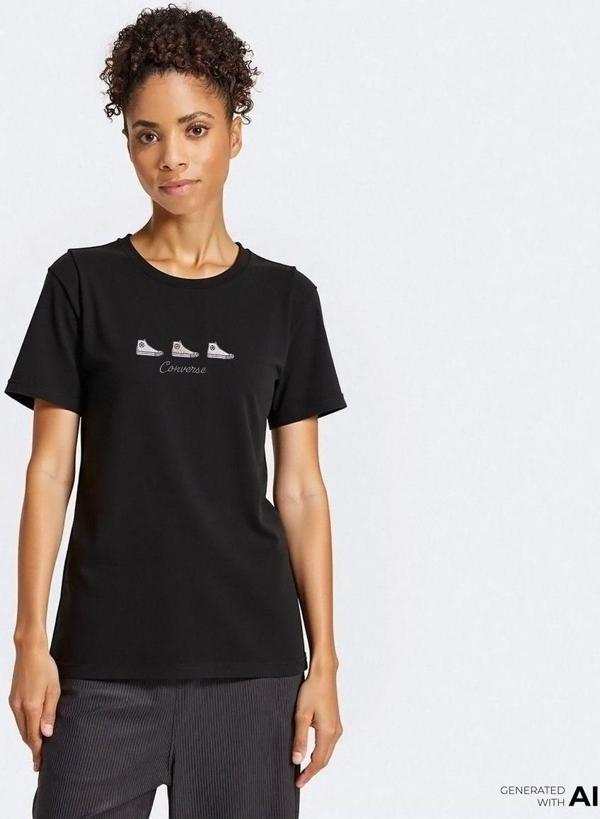 Converse High Tops Kadın Nakışlı Siyah T-Shirt - Image 1