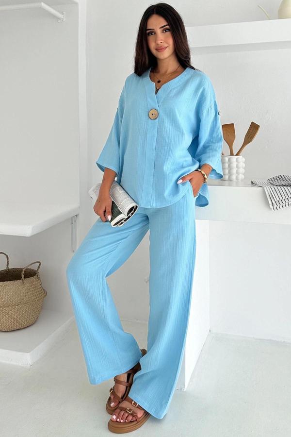 Kadın Mavi Müslin Oversize Takım – Alt Üst Düğme Detaylı Rahat Kesim - Image 1