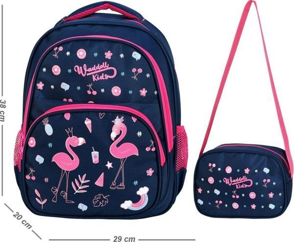 Lisanslı Lacivert Flamingo Desenli Ilkokul Çantası Ve Beslenme Çantası Oval Lazer Baskı - Image 1