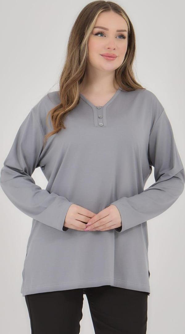 Kadın V Yaka Likralı Büyük Beden Orta Yaş Anne Penye Bluz - Image 1