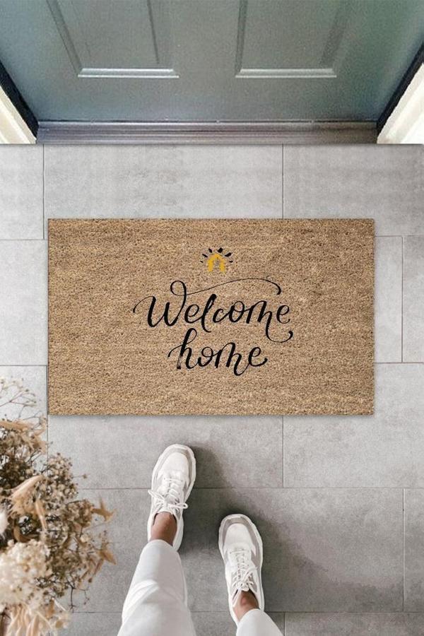 Büro Ev Ofis Yazlık Kapı Önü için Bej Welcome Home Motifli Temizlik Paspası - Image 1
