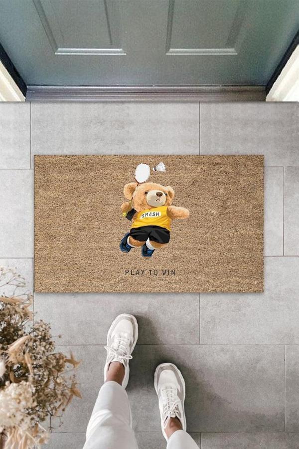 Büro Ev Ofis Yazlık Kapı Önü için Bej Play To Win Motifli Temizlik Paspası - Image 1
