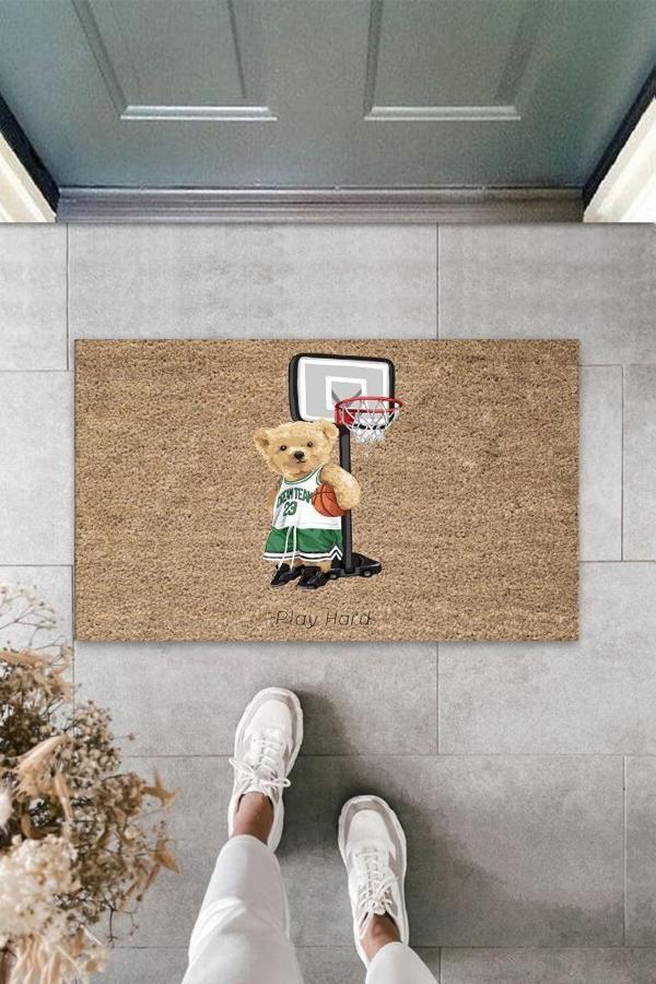 Büro Ev Ofis Yazlık Kapı Önü için Bej Basketci Ayıcık Motifli Temizlik Paspası - Image 1